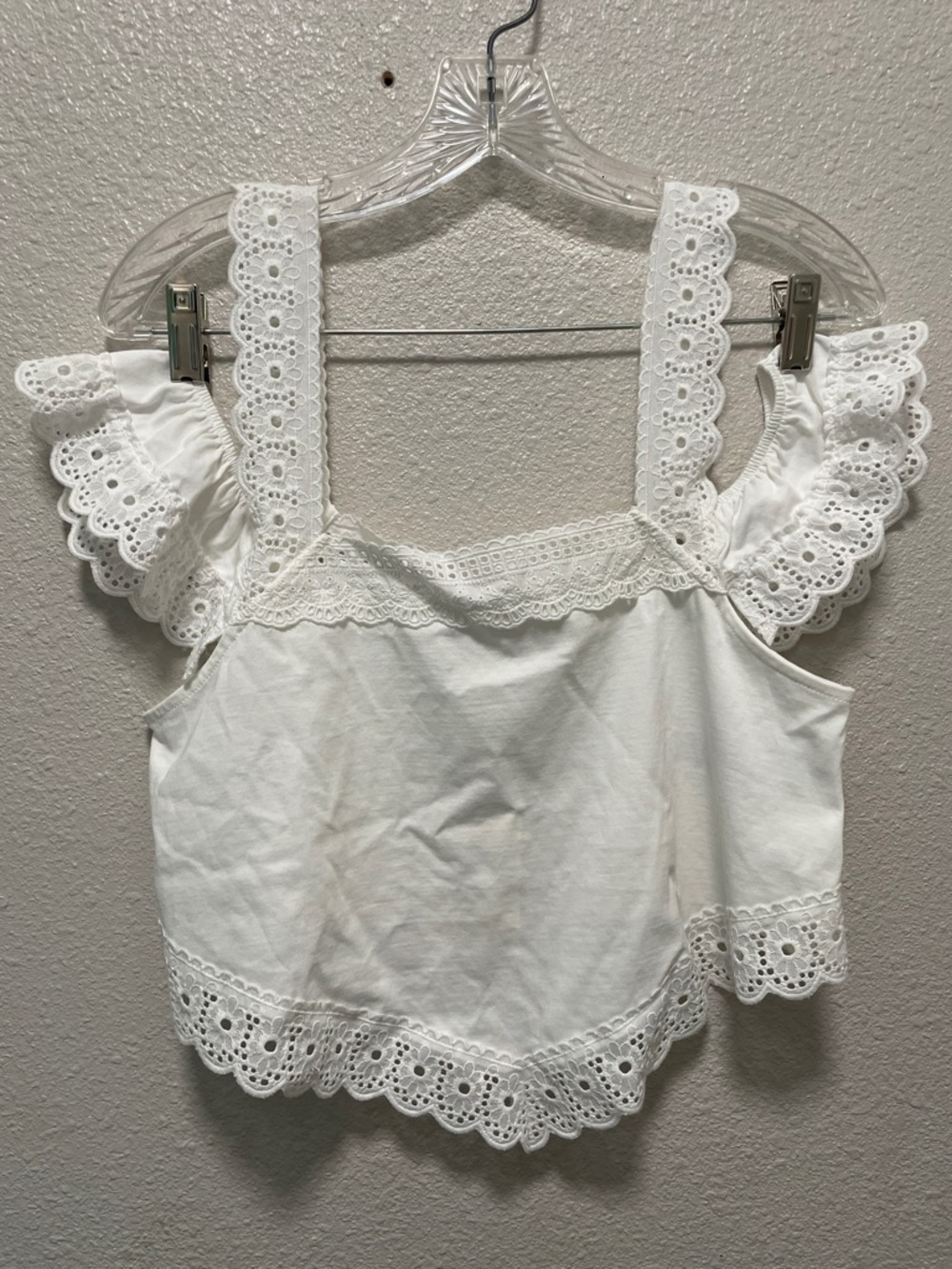 Zara White Eyelet Lace Crop Top with Scalloped Straps